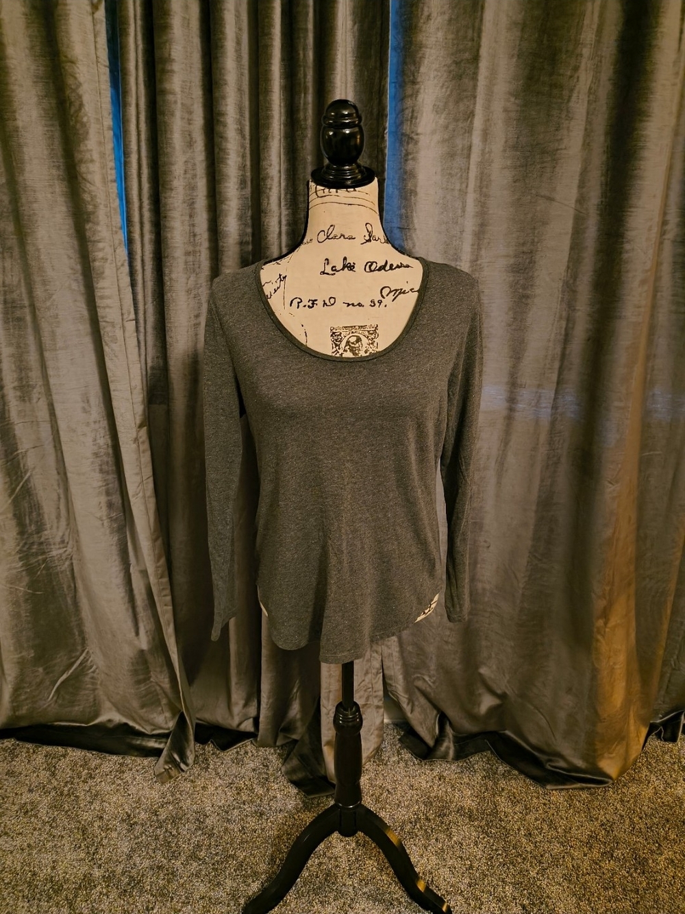 Ann Taylor Sparkly Gray Scoop Neck Long Sleeve Top